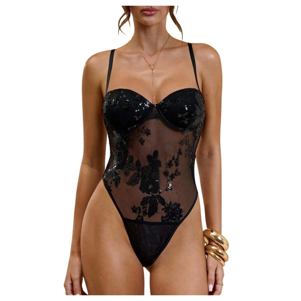 NWT MakeMeChic Sequin Mesh Bodysuit Black Floral Glitter Cami Small